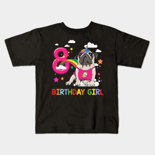 Pug Birthday - 8 Years Old Unicorn Pugicorn Party Kids T-Shirt